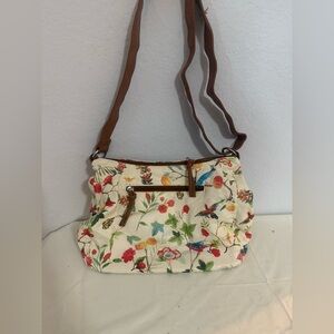 Floral Bird Satchel Purse Bag with Brown Strap